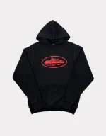 Corteiz Alcatraz Hoodie Black/Red, sleek and bold choice for urban style enthusiasts.