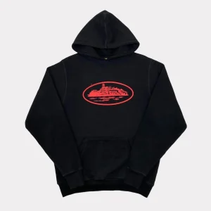 Corteiz Alcatraz Hoodie Black/Red, sleek and bold choice for urban style enthusiasts.
