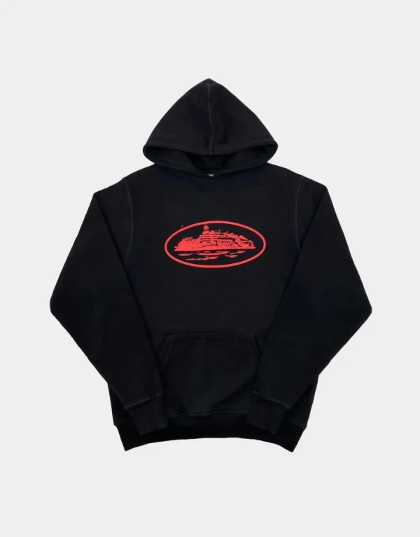 Corteiz Alcatraz Hoodie Black/Red, sleek and bold choice for urban style enthusiasts.