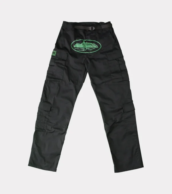 Corteiz Mula Guerillaz Cargos Black/Green, bold fusion of style and streetwear attitude.