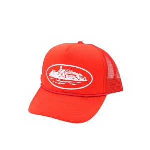 Corteiz Alcatraz Trucker Hat Red, Make a bold statement with this trendy and eye-catching accessory.