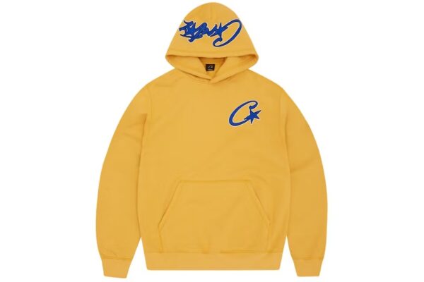 corteiz satin c star appliqué hoodie mustard
